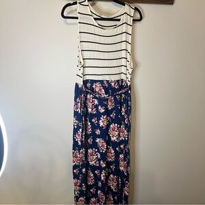 Boutique style Striped and Floral Maxi Dress - White and Blue